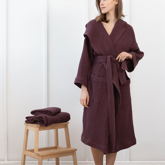 Premium Wafelbadjas met Capuchon - Linnen & Katoen - Plum
