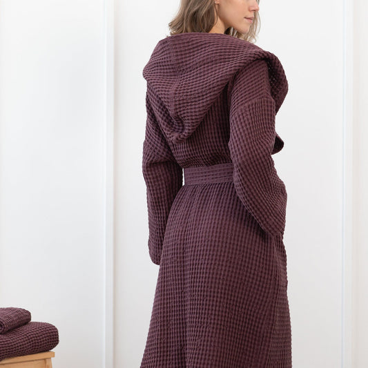 Premium Wafelbadjas met Capuchon - Linnen & Katoen - Plum